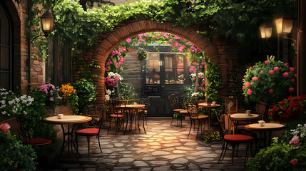 A cozy cafe patio with flower-covered archway, inviting tables, chairs, and lush greenery. it symbolizes a peaceful escape, fresh beginnings, and a charming atmosphere. Romantic. Illustration