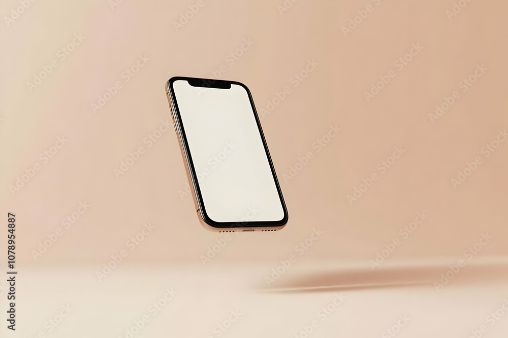 Poster a modern smartphone with a blank screen is floating in the air against a soft, beige background. the