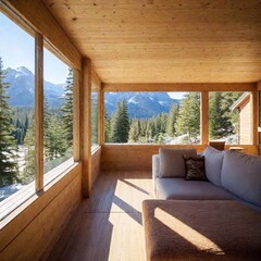 Fototapeta premium A serene photo of a wooden cabin with large windows, surrounded by mountains and trees, showcasing the connection between indoor and outdoor living