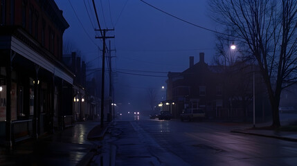 Fototapeta premium Dark, empty urban street at night with faint city lights through fog, streetlights off, occasional distant car alarm, eerie atmosphere highlighting sudden power loss in bustling city.