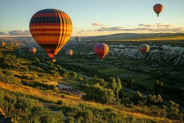 Naklejka premium Colorful hot air balloons ascending into the blue sky, vast landscape below. Generative AI