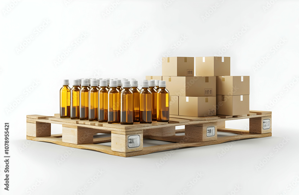 Poster a pallet with a stack of boxes and rows of amber glass bottles with white lids.