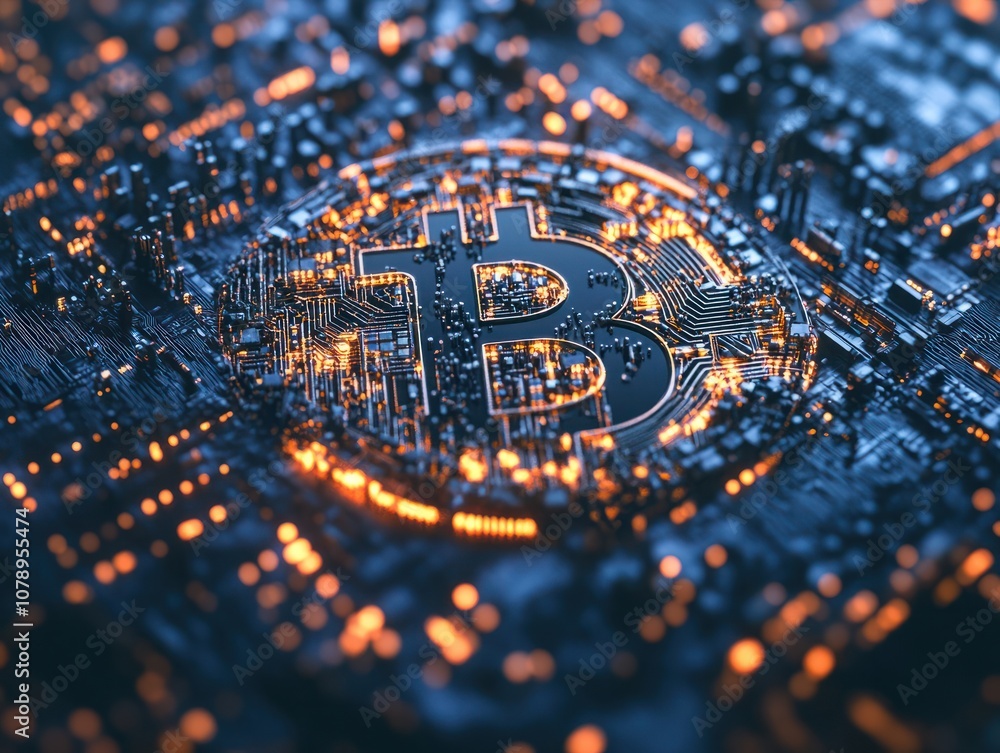 Poster bitcoin on a digital network background. cryptocurrency and modern blockchain technology. electronic