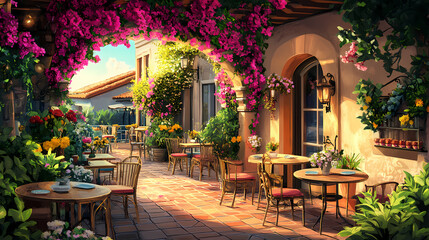 Fototapeta premium A cozy cafe patio with flower-covered archway, inviting tables, chairs, and lush greenery. it symbolizes a peaceful escape, fresh beginnings, and a charming atmosphere. Romantic. Illustration