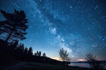 A serene night sky with a scattering of stars against a dark blue background, astronomy, blue, darkness, stillness, cosmos