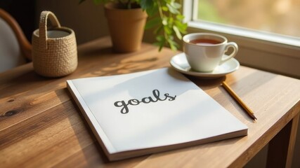 A cozy wooden table with a journal called “Goals”, a warm cup of tea, a pencil and minimalistic decor. The concept of New Year's goals