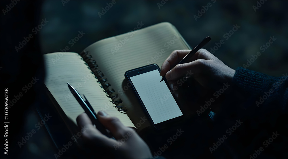 Poster a person writing in a notebook with a pen in one hand and a smartphone in the other.