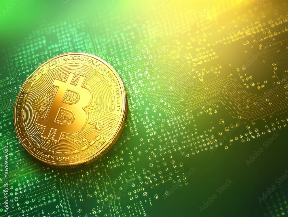 Poster bitcoin on a digital network background. cryptocurrency and modern blockchain technology. electronic