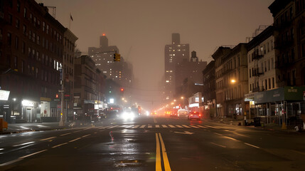 Fototapeta premium Dark, empty urban street at night with faint city lights through fog, streetlights off, occasional distant car alarm, eerie atmosphere highlighting sudden power loss in bustling city.