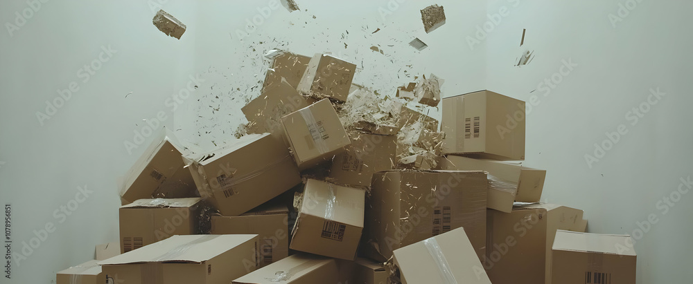 Poster a pile of cardboard boxes explodes in mid-air, creating a chaotic and abstract scene.
