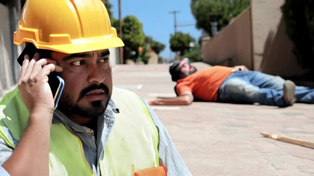 A construction worker in a hard hat urgently makes a phone call, with an injured coworker lying on the ground in the background.