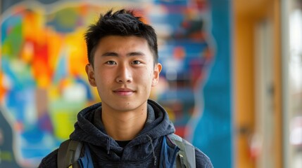 A backdrop of diverse colors illuminates an Asian student's introspective expression, marking his educational achievements