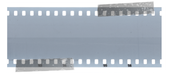 blank 35mm filmstrip fixed by two transparent sticker tapes on white, cool poster element, png asset.