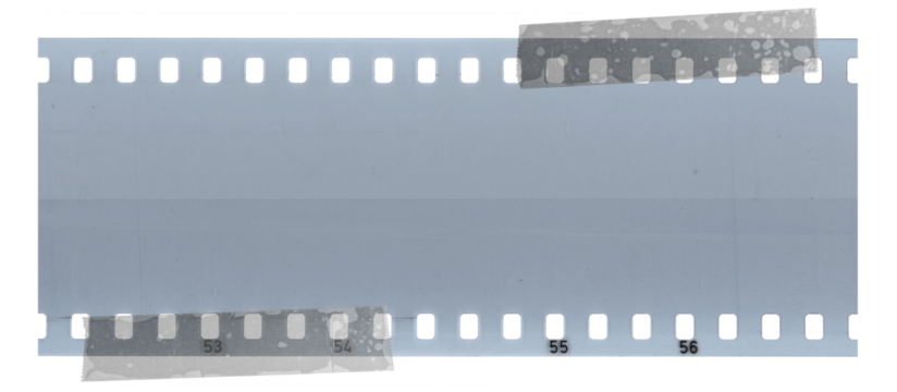 blank 35mm filmstrip fixed by two transparent sticker tapes on white, cool poster element, png asset.