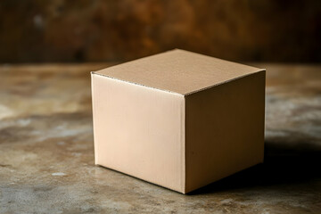 A plain brown cardboard box on a rustic concrete surface.