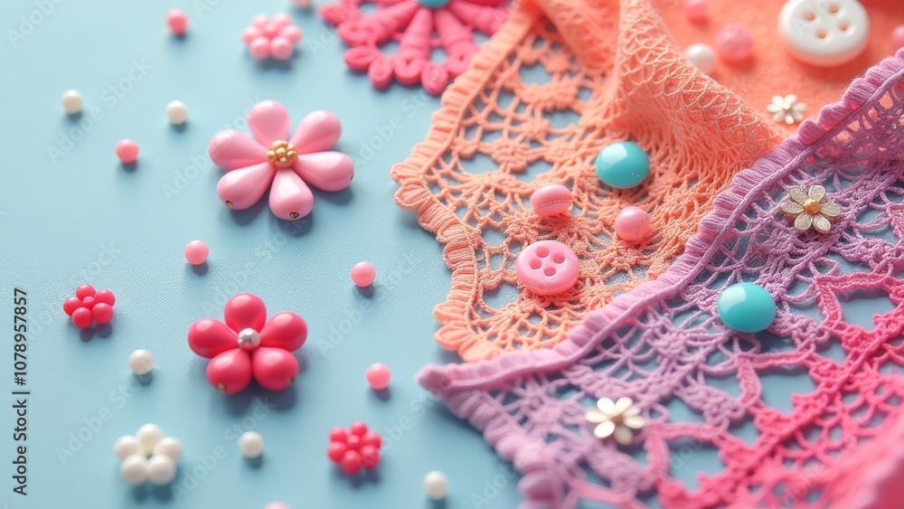 Poster A colorful assortment of buttons and beads are arranged on a pink background