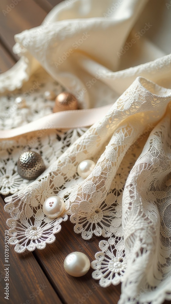Poster a white lace fabric with a bunch of buttons and pearls on it