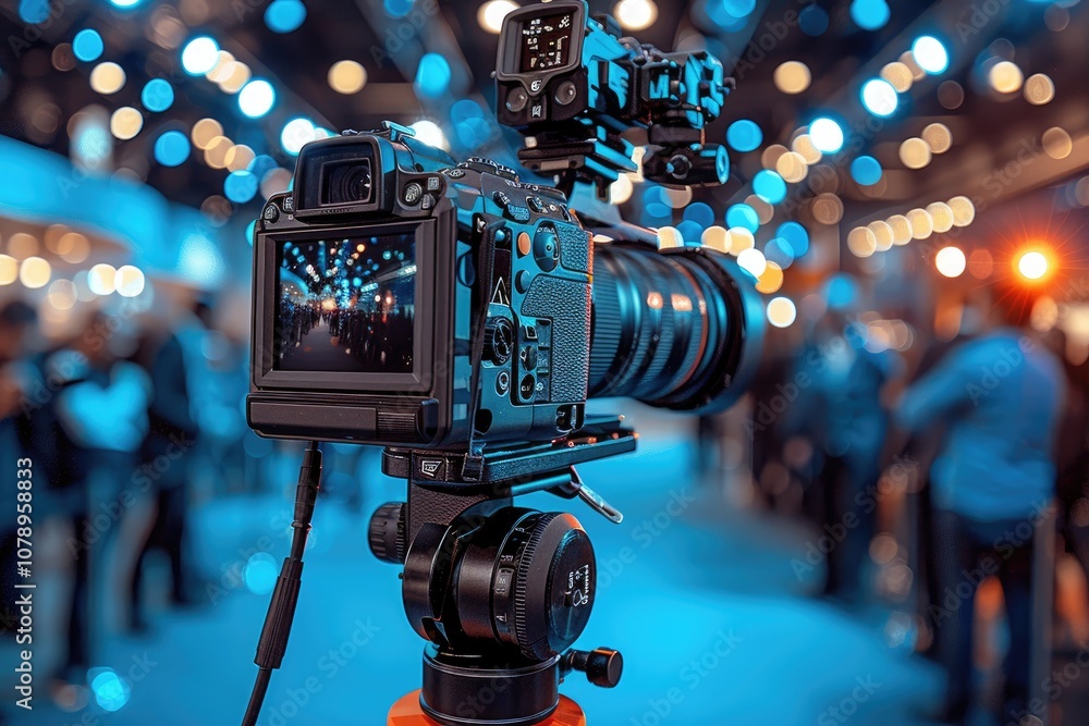Poster professional camera on tripod with bokeh background