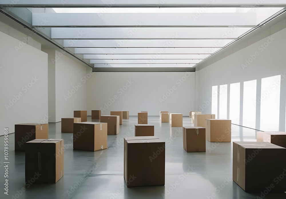Poster a room with an open ceiling and a row of windows with sun coming through, filled with stacked cardbo