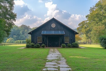 Obraz premium Aerial View of a Modern Cow Barn with Solar Panels, Green Field, and Blue Sky – Sustainable Farming and Solar Energy