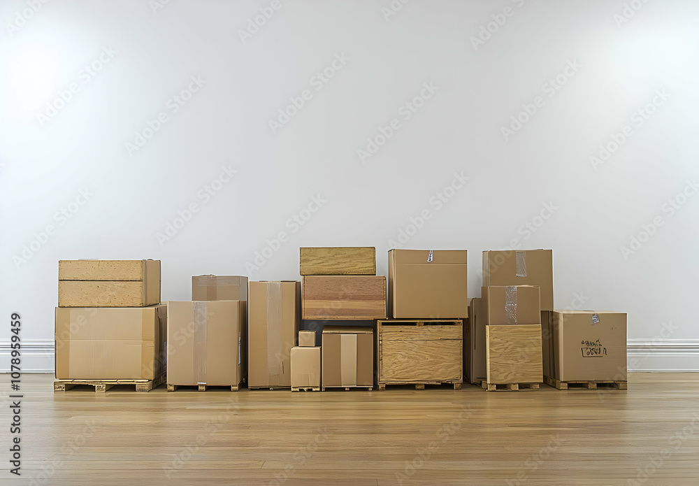 Poster a row of cardboard boxes stacked on wooden pallets in an empty room.