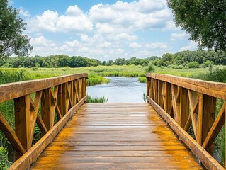 Fototapeta premium Fresh river water dream destination. Scenic wooden bridge crossing over a wide, tranquil freshwater river, picturesque destination for explorers