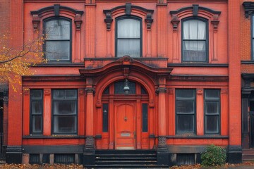Obraz premium Red Brick Building with Ornate Doorway and Windows