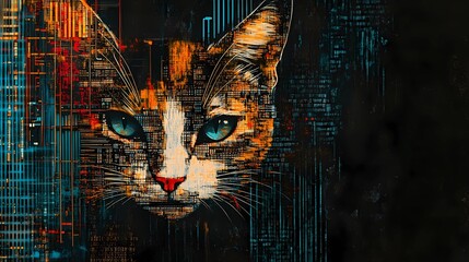 Textured cyberpunk cat design with metallic accents, neon glow, and intricate circuitry for a dynamic and visually stimulating composition