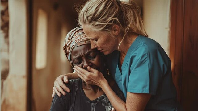 A compassionate healthcare worker embraces and consoles a grieving woman, showing empathy and support in an emotional moment.