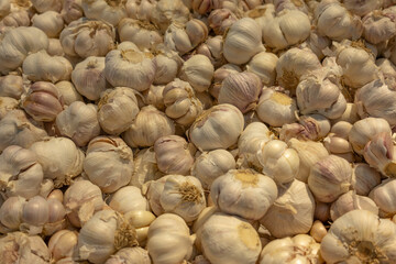 Food backgrounds. Garlic on basket in supermarket. Texture food market