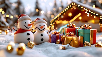 Snowmen in a Snowy Forest with Festive Decorations
