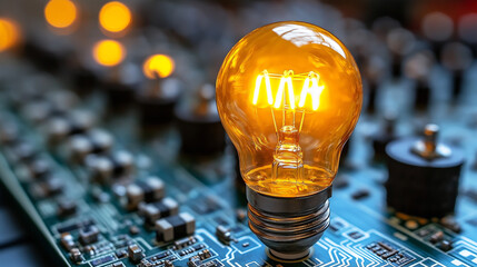 Realistic portrait of an expressive electrical plug in a suit, emitting currents toward a glowing light bulb, symbolizing tech creativity in a futuristic cityscape. Perfect for tech illustrations