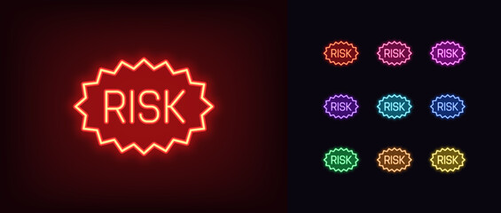 Outline neon high risk icon set. Glowing neon warning tag with text Risk, caution label. Risk management and assessment, danger zone and threat control, financial problem, security rate. Vector icons
