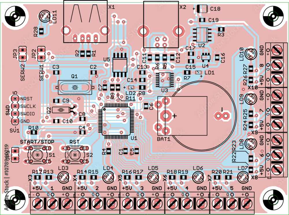 Poster vector printed circuit board of electronic device with components of radio elements, conductors and 