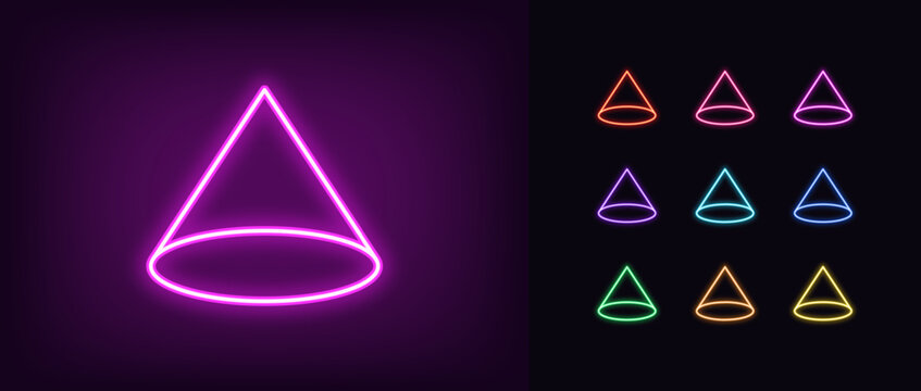 Outline neon cone icon set. Glowing neon isometric taper wireframe, conic shape, abstract geometric figure. Conic pyramid, cylindrical cone, conical wireframe structure, taper form. Vector icons
