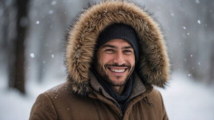 Fototapeta premium Smiling Man in Fur-Lined Hood Amid Snowy Winter Scene