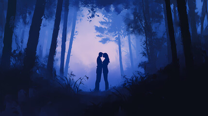 Fototapeta premium A romantic silhouette of a couple sharing a tender moment in a foggy forest, evoking love and intimacy in nature. Romantic. Illustration