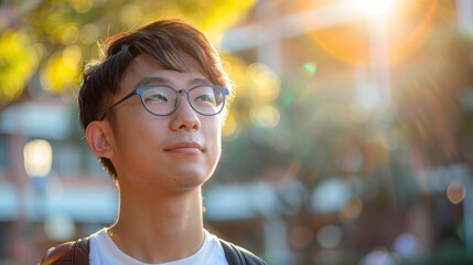 A backdrop of diverse colors illuminates an Asian student's introspective expression, marking his educational achievements