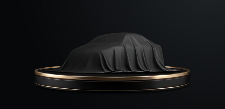 Vector illustration of a luxury 3d car reveal scene, featuring a sleek black silk cover draped over a car on a modern pedestal. Perfect for concepts of product launches, luxury, and exclusivity.