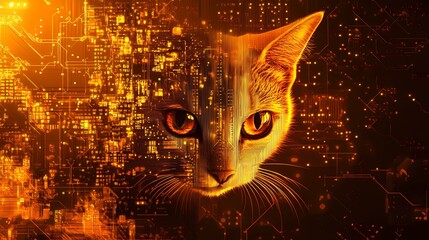 Textured cyberpunk cat design with metallic accents, neon glow, and intricate circuitry for a dynamic and visually stimulating composition