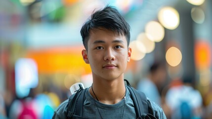 A backdrop of diverse colors illuminates an Asian student's introspective expression, marking his educational achievements