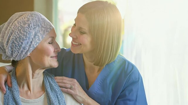 A caring nurse in blue scrubs embraces and smiles at a cancer patient wearing a headscarf, conveying compassion and support.