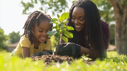 Mother and Daughter Planting a Young Tree Together