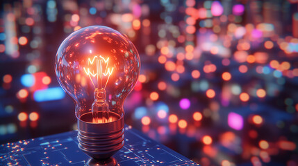 Realistic portrait of an expressive electrical plug in a suit, emitting currents toward a glowing light bulb, symbolizing tech creativity in a futuristic cityscape. Perfect for tech illustrations