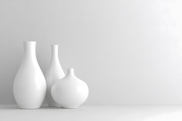 minimalist decor of white vases in a modern interior with floral arrangement, representing simplicity, elegance and minimal design with white background