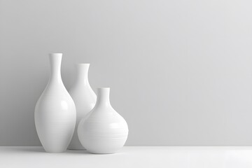 minimalist decor of white vases in a modern interior with floral arrangement, representing simplicity, elegance and minimal design with white background