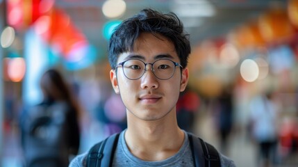 Fototapeta premium A backdrop of diverse colors illuminates an Asian student's introspective expression, marking his educational achievements
