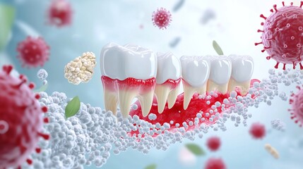 Detailed medical showcasing the progression of gum disease from healthy gums to advanced stages of infection and The image highlights the microscopic view of bacteria plaque