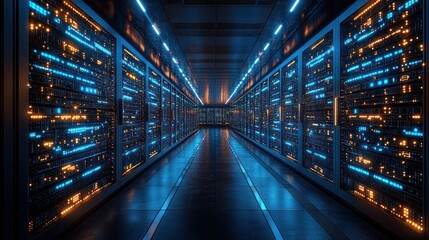 Fototapeta premium A futuristic server room illuminated by blue and orange lights.