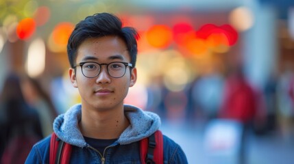 A backdrop of diverse colors illuminates an Asian student's introspective expression, marking his educational achievements